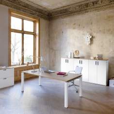 Aktenschrank Sideboard Büroschrank Drehtüren, weiss, Abdeckplatte Holz, Hund, Qbix Space