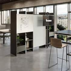 modulare Büromöbelsysteme dunkel Stauraum Möbel Büro Regal Büromöbel modular Regale Regalsysteme Bene Panel Rack
mit Whiteboard