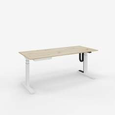 Elektrisch höhenverstellbarer Steh-Sitztisch ZEMP OPUS E33 mit heller Holzplatte und weißem Gestell – ideal für ergonomische Büroarbeitsplätze