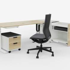 Elektrisch höhenverstellbarer Steh-Sitztisch ZEMP OPUS E33 mit heller Holzplatte und weißem Gestell – ideal für ergonomische Büroarbeitsplätze