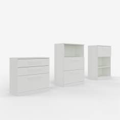 Drei OPTIMO Sideboards von ZEMP in verschiedenen Ausführungen – mit Schubladen, offenen Fächern und Stauraum für flexible Büroorganisation
