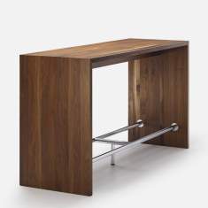 Moderner Stehtisch aus dunklem Holz mit massiven Seitenwangen und verchromter Fußstütze, ideal für Büro- oder Loungebereiche
ZEMP WANGEN - STEHTISCH