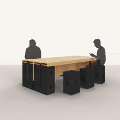 Space companion L-Modul von Westermann Products in Konferenzaufstellung, modular erweitert zu einem großen Arbeitstisch mit Sitzhockern