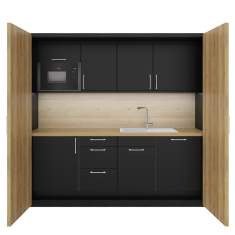 Pop Up Kitchen von FM Büromöbel – geschlossene Schrankküche in Schwarz mit Holzfronten und Arbeitsplatte aus Eiche