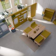 Baltic Sitzmöbel und Meetingzone von Palmberg in offenem Bürobereich mit Akustikwänden und Holztisch