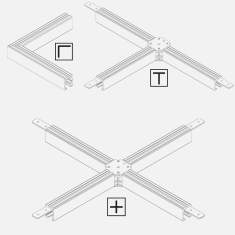 Technische Zeichnung, flomo wall plus – modulare Schienenverbindungen (L-, T- und X-Form) für individuelle Raumkonzepte und flexible Wandpositionierung