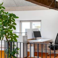 Coworking-Arbeitsplatz im Gründersaal Tübingen mit höhenverstellbarem Schreibtisch, Monitor und viel Tageslicht.