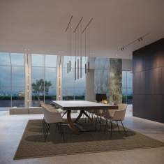 Moderne Wohnlandschaft mit randlos eingebauten XAL Move It 10 Trimless Lichtlinien und Pendelleuchten über einem großen Esstisch