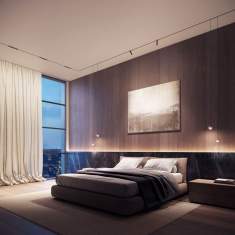 Schlafzimmer mit integrierten XAL Move It 10 Trimless Lichtlinien in der Decke und filigranen Pendelleuchten für atmosphärische Beleuchtung