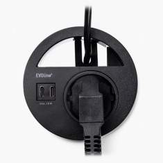 EVOline Circle80 Einbausteckdose mit Steckdosenmodul, USB-Anschlüssen und integriertem Kabeldurchlass für moderne Arbeitsplätze