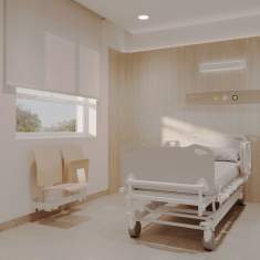 Kusch+Co V-Care Fold Klappsitzsystem im Patientenzimmer eines Krankenhauses für Besucherplätze