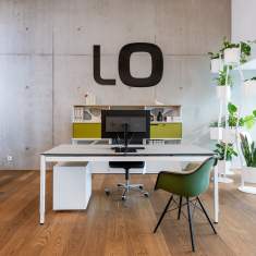 Lista Office LO Fribourg Showroom Arbeitsplatz mit Schreibtisch, Pflanzen und Markenlogo im Raum