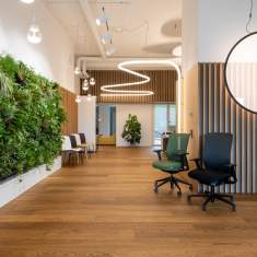Lista Office LO Fribourg Showroom Flurbereich mit Arbeitsplätzen, Pflanzenwand und Beleuchtungskonzept
