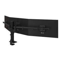 Dreifach Monitorhalter Dataflex Viewgo modular Schreibtisch 233 mit schwarzen Monitoraufnahmen für drei Bildschirme