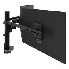 Dreifach Monitorhalterung Dataflex Viewgo modular Schreibtisch 233 mit zentraler Säule und schwarzen Aufnahmen für kombinierte Bildschirmformate