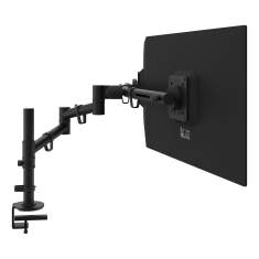 Zweifach Monitorhalter Dataflex Viewgo Schreibtisch 133 mit Säulenbefestigung und schwarzen Aufnahmen für ausgerichtete Bildschirmplätze