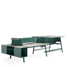 Schreibtischsystem Steelcase Bivi mit integrierter Stauraumeinheit und Bench-Aufbau für Teamarbeitsplätze