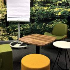 Informeller Meetingbereich mit flexibler Möblierung und Waldtapete im Kreativraum von Schäfer Shop