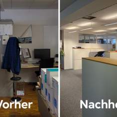 Vorher-Nachher-Vergleich der offenen Bürogestaltung bei Lift AG in Regensdorf