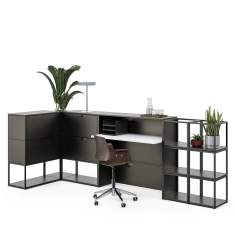 Embru eQ Empfang als modularer Empfangstresen mit Stauraum und Regalelementen