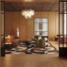 Object Carpet Shape Teppichboden mit großflächigem geometrischem Muster in einer elegant eingerichteten Lounge