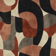 Object Carpet Shape Teppichdesign mit geschwungenen geometrischen Formen in Schwarz, Creme, Grau und warmen Rottönen