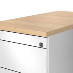 Detail des Mauser line Rollcontainers mit Abdeckplatte in Holzdekor und integriertem Zylinderschloss