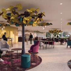 König + Neurath BLOOM.TREE Akustikelemente als baumartige Raumobjekte in einer offenen Lounge- und Begegnungszone