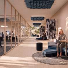 König + Neurath BLOOM.DIVIDE Raumteiler zur visuellen Zonierung zwischen Arbeitsplätzen und Loungezone