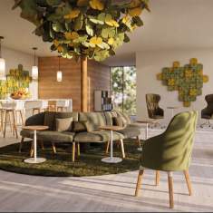 König + Neurath BLOOM.WALL Wandabsorber als organisch gestaltete Akustikelemente an den Wänden einer Loungezone