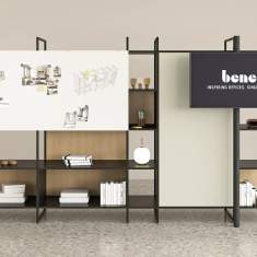Bene Metal Rack Regalsystem mit integrierter Präsentationsfläche, Bildschirm und offenen Ablagefächern