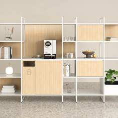 Bene Metal Rack Regalsystem mit offenen Regalfächern, geschlossenen Stauraummodulen und Pflanzenelement