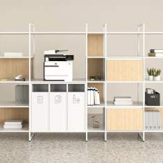 Bene Metal Rack Regalsystem mit Stauraumschränken, offenen Ablagefächern und integriertem Druckerbereich