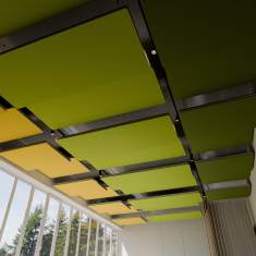 Palmberg BELT Deckenabsorber als rechteckige Akustikelemente in versetzter Anordnung an der Decke