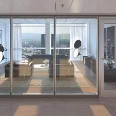 Goldbach Kirchner T36 EI30 Akustik-Trennwand mit Dreischeiben-Verglasung und Brandschutzglas zur Abtrennung eines Loungebereichs