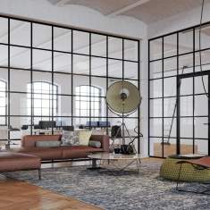 Goldbach Kirchner T50 Loft Ganzglaswand im Bauhaus-Stil mit schwarzer Sprossenstruktur in einem offenen Büro