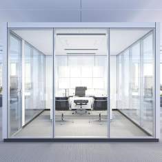 Goldbach Kirchner GK SPACES freistehendes Raum-in-Raum-System mit Glaswänden und Besprechungstisch