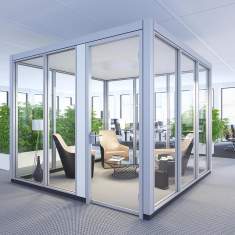 Goldbach Kirchner GK SPACES freistehender verglaster Rückzugsraum für Besprechungen im Open-Space-Büro