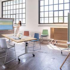 Girsberger Alteo Wall mit Monitor und Whiteboard im Einsatz für Besprechungen und Workshops