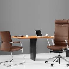 Besucherstuhl Leder braun Kopfstütze, Nackenstütze Bürodrehstuhl Armlehne, Girsberger, Diagon Executive Freischwinger