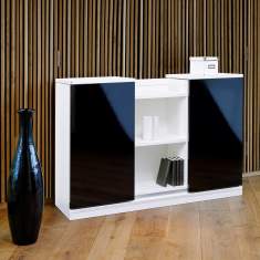 Design Sideboard, Büro, Glasfronten, fm Büromöbel, Endless Schwebetürschrank