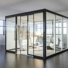 Trennwand Büro Raumteiler Akustikelemente Goldbach Kirchner Ganzglas-Schallschutz-Schiebetür