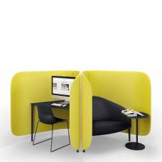 Schreibtisch mit Akustik Stellwand gelb, abgeschirmter Arbeitsplatz Steckdosen Büromöbel Tisch Brunner, Akustik Stellwand cellular