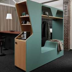 Lounge Büro Sitzmöbel Modulare Sitzgruppen abgeschirmte Raumelemente Garderobe Kaffeestation Schrankkoje Werner works Parkour