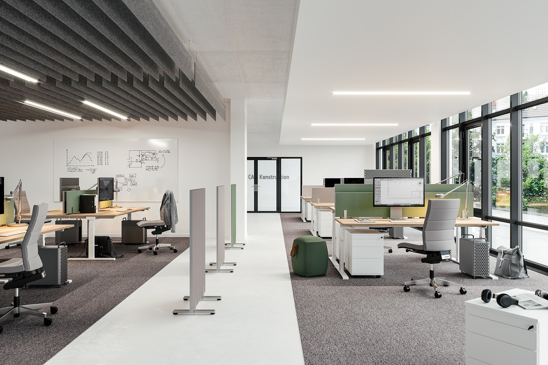 Assmann Viteco Bürolandschaft mit Akustikpaneelen, höhenverstellbaren Schreibtischen und modernen Stauraumlösungen.